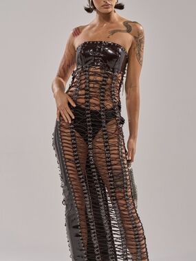 AKIRA Brown Strapless Lace-Up Sheer Maxi Dress